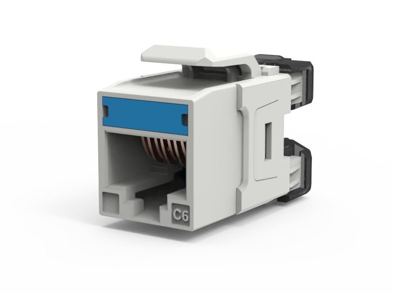 Модульное гнездо UTP, RJ-45, Кат.6,180º, Keystone CM, тип 110/Krone, неэкранированное, белое, синяя маркировочная вставка